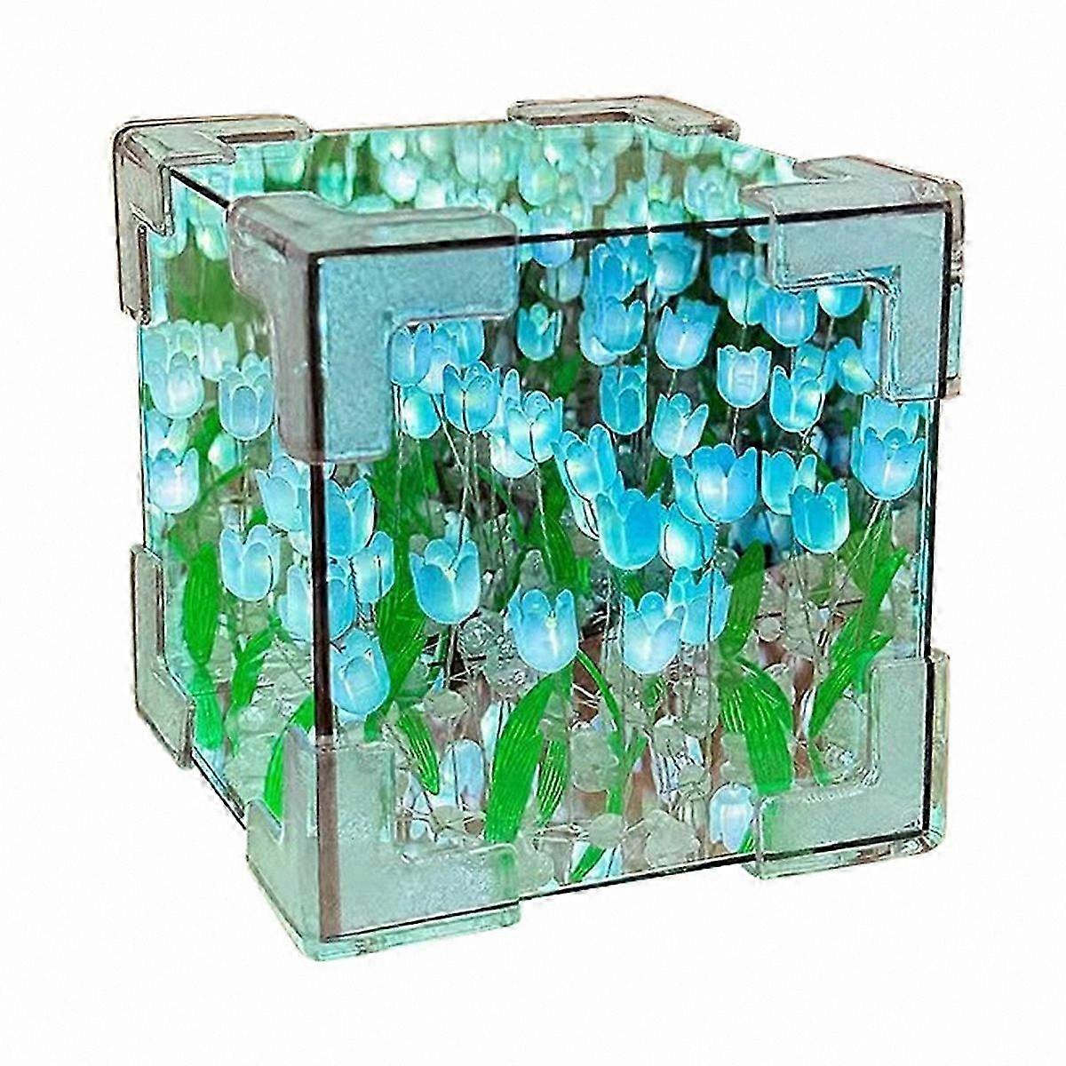 DIY Blue Tulip Mirror Cube Night Light Room Decor