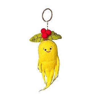 Porte-clés ginseng en feutre de laine fait main - avec feuilles et peluche douce - accessoire pour portefeuille, sac à dos ou sac à main