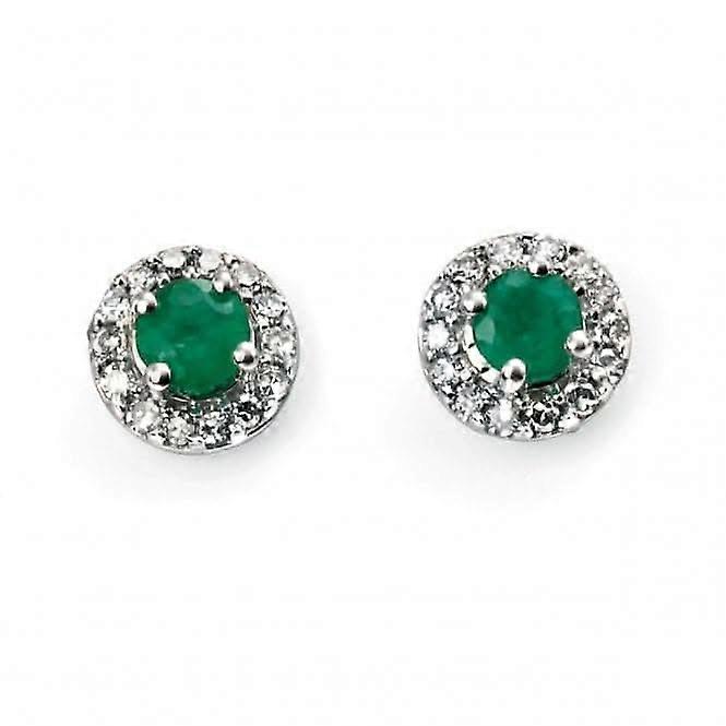 Elements White Gold Emerald Round Earrings Diamond Edge