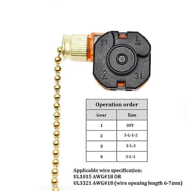 Ceiling Fan Pull Chain Switch, 3-Speed 4-Wire Replacement, Brass