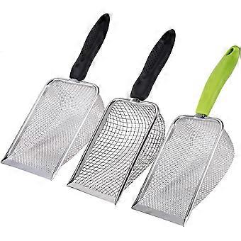 Lot de 3 pelles à litière en acier inoxydable, tamis à mailles fines, manche ergonomique pour chats, reptiles et tortues