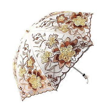 Vintage Lace Folding Parasol with DoubleLayer Floral Embroidered Umbrella for Bridal Sun Protection