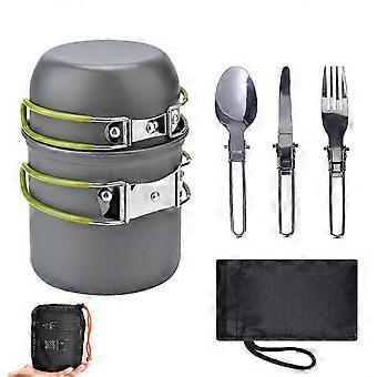 Camping cookware Set, Portable Camp Pot Aluminum Alloy Cooking Pot Knife Fork Spoon Kit Green Handle Free Size_HP