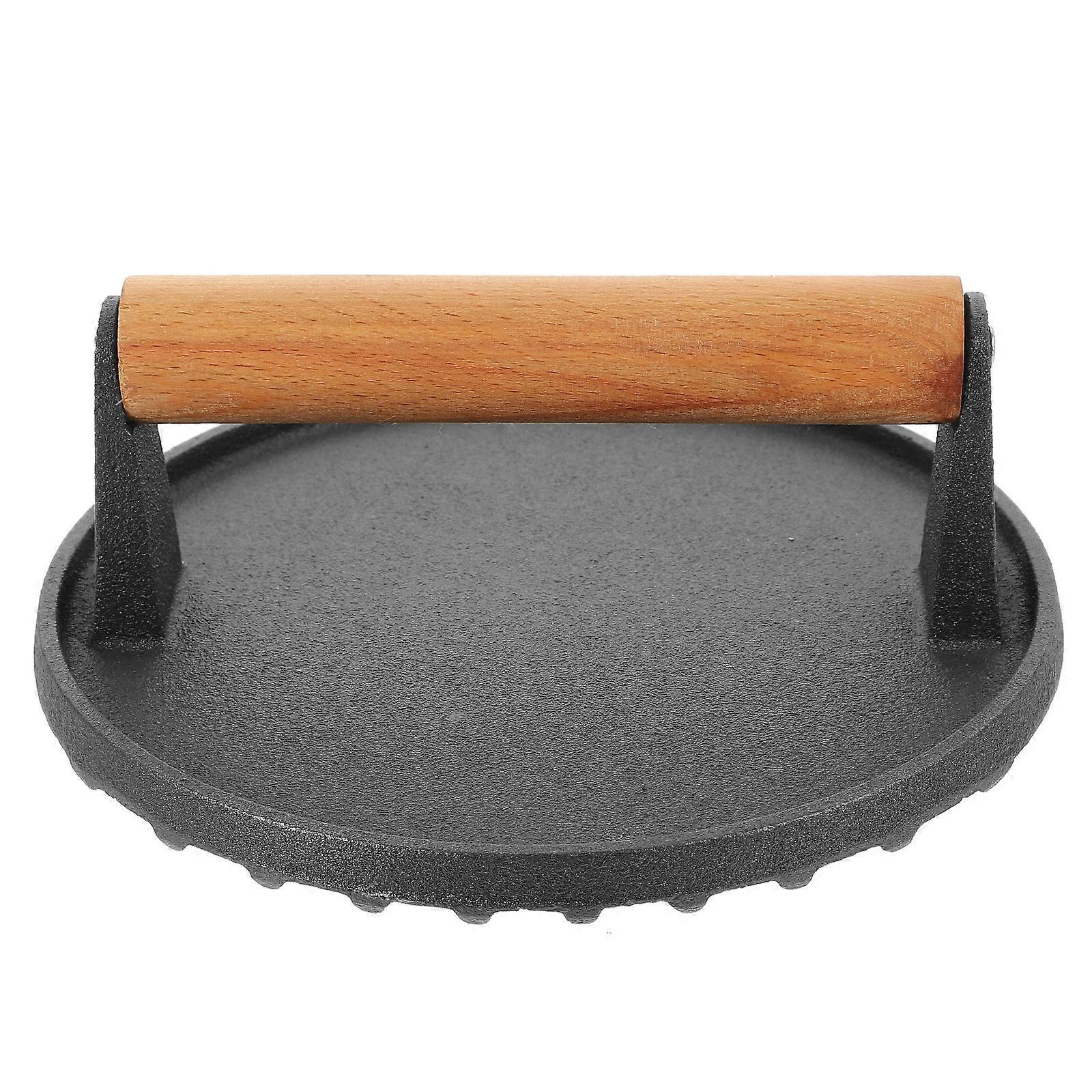 Solid Iron Round Burger Press Wood Handle