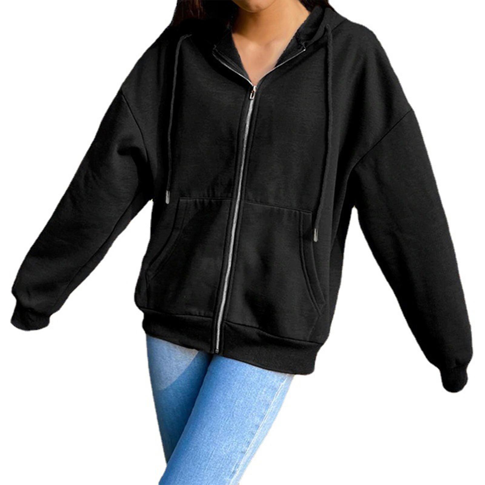 Drawstring Long Sleeves Pockets Zipper Closure Hoodie Coat Autumn Solid Color Women Sweatshirt Jacket