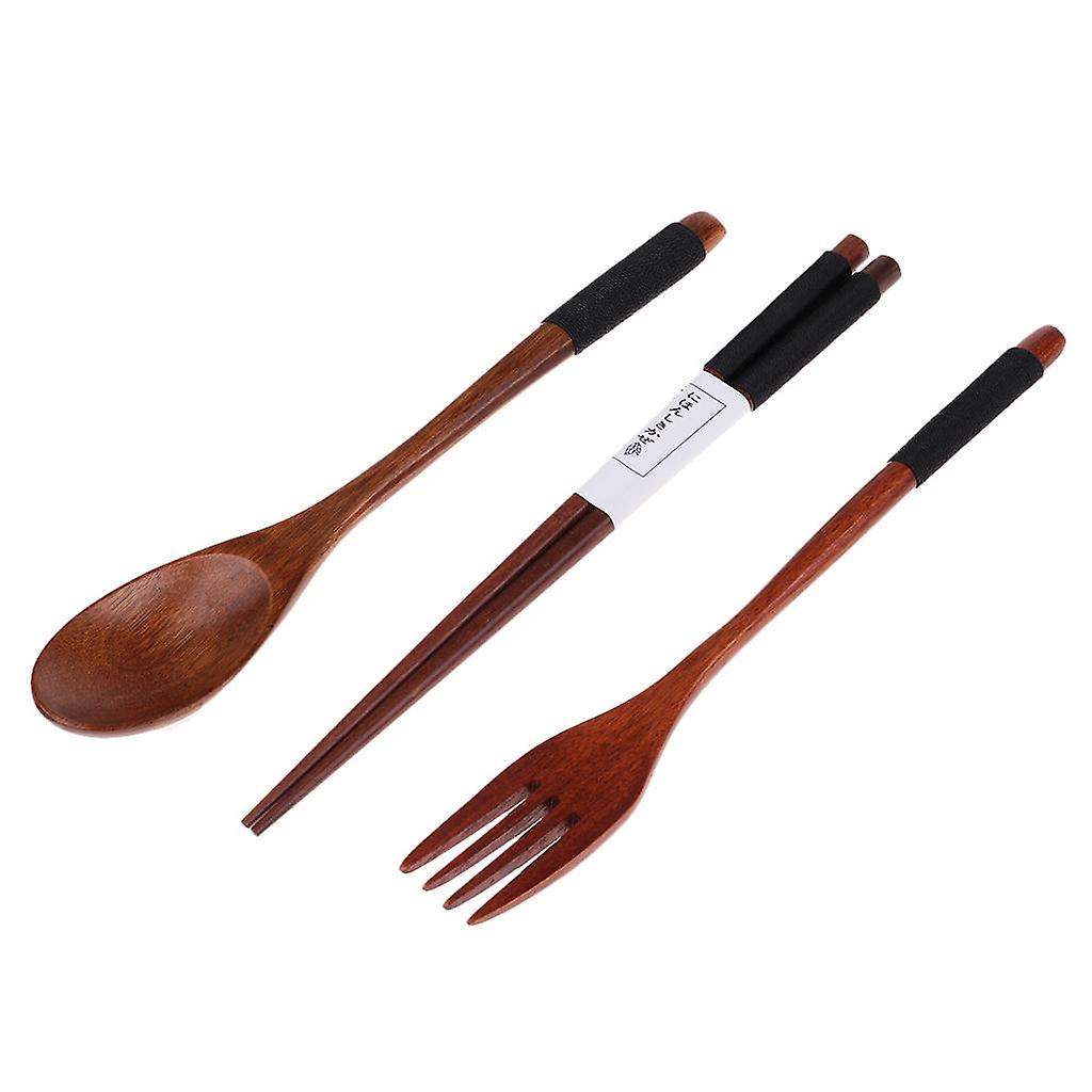 Portable Travel Camping Compact Utensil Set Wood Spoon Fork Chopstick Black String