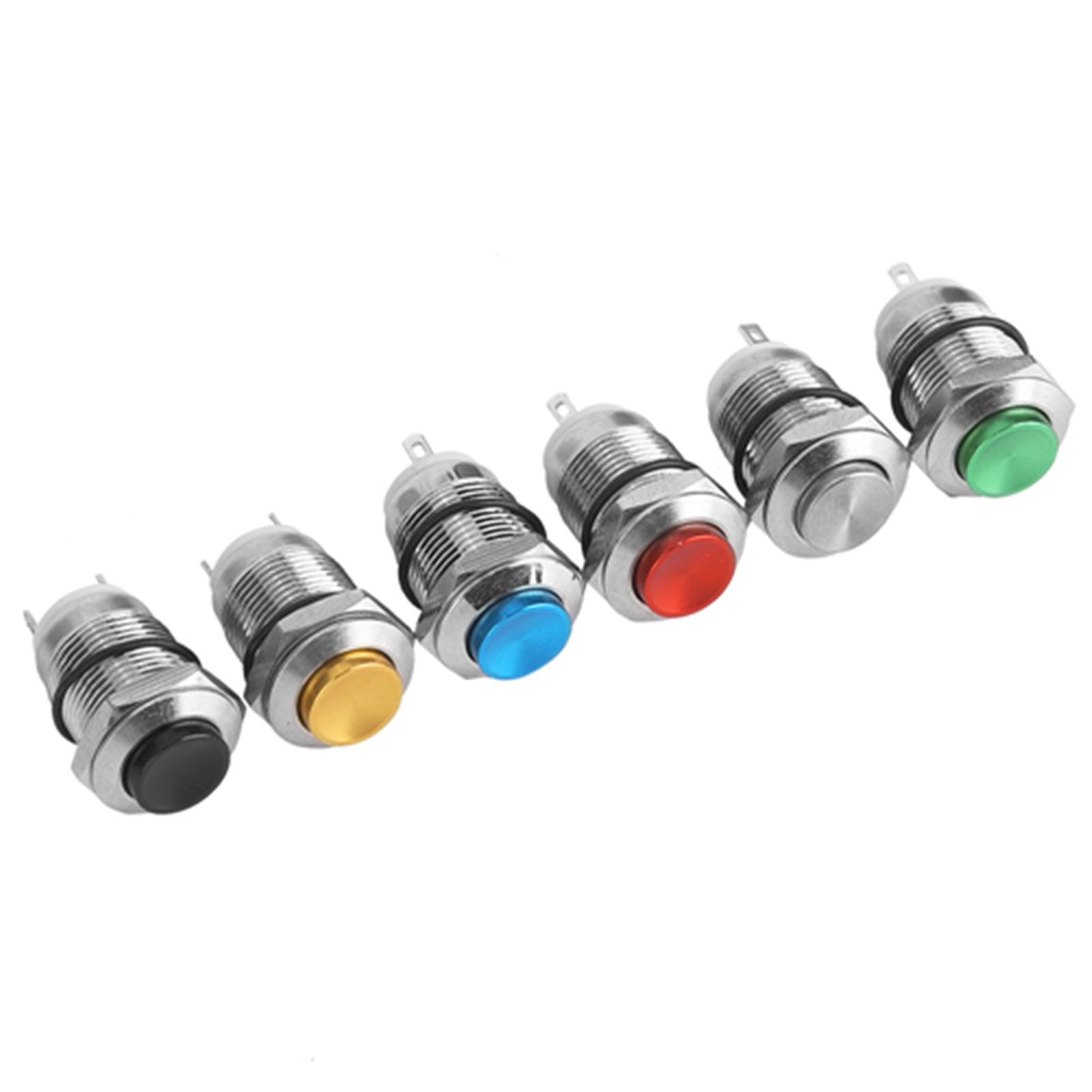 Ouitble Reset Button Switch Metal Button Switch 12mm IP67 Waterproof Reset 2 Pins, Red Green Yellow Blue Black Metallic, 6pcs