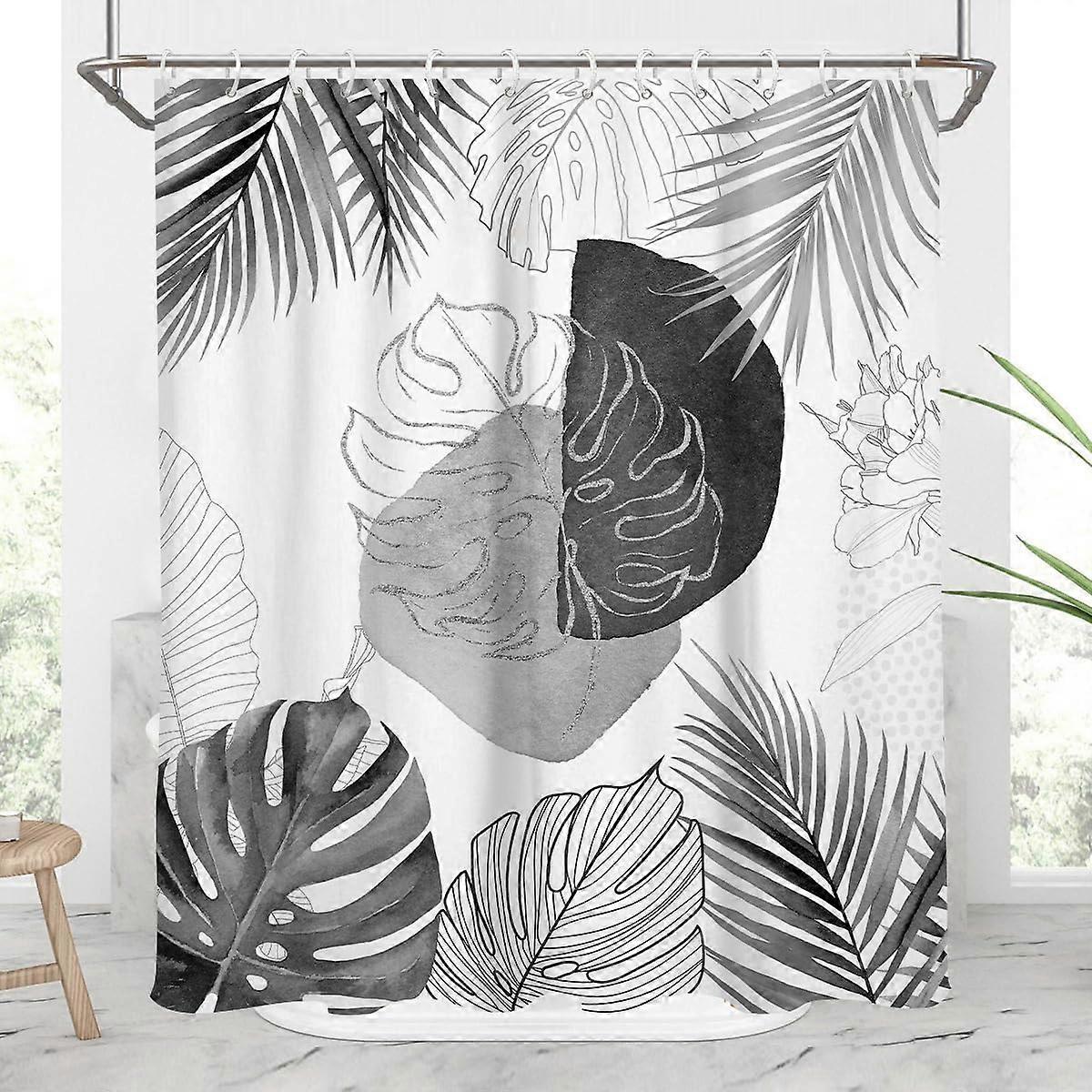 Linki Noir et blanc Floral Rideau de douche Gris Feuille grise Feuilles de palmier tropicales Boho A