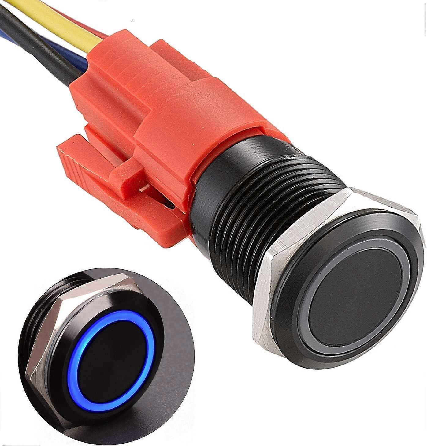 16Mm Push Switch Dc 12V 5A Black Aluminum Alloy Led Light Waterproof Push Button On/Off (Blue)