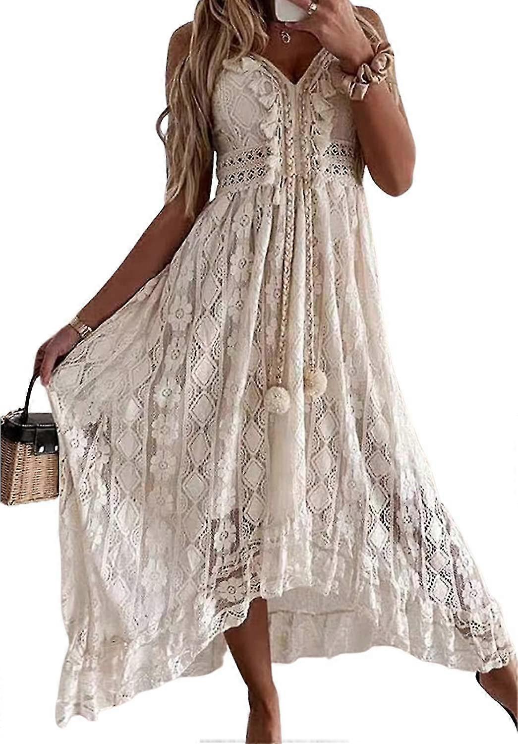 Kvinnors sommarslip Boho Maxi-klänning Snörning Tofs V-ringad Flare Ruffle Beach Klänningar