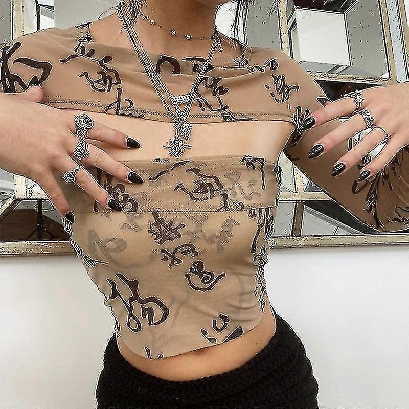 Πλέγμα περικοπή γράμμα εκτύπωση μακρύ μανίκι κορσέ επάνω νεράιδα vintage Tee