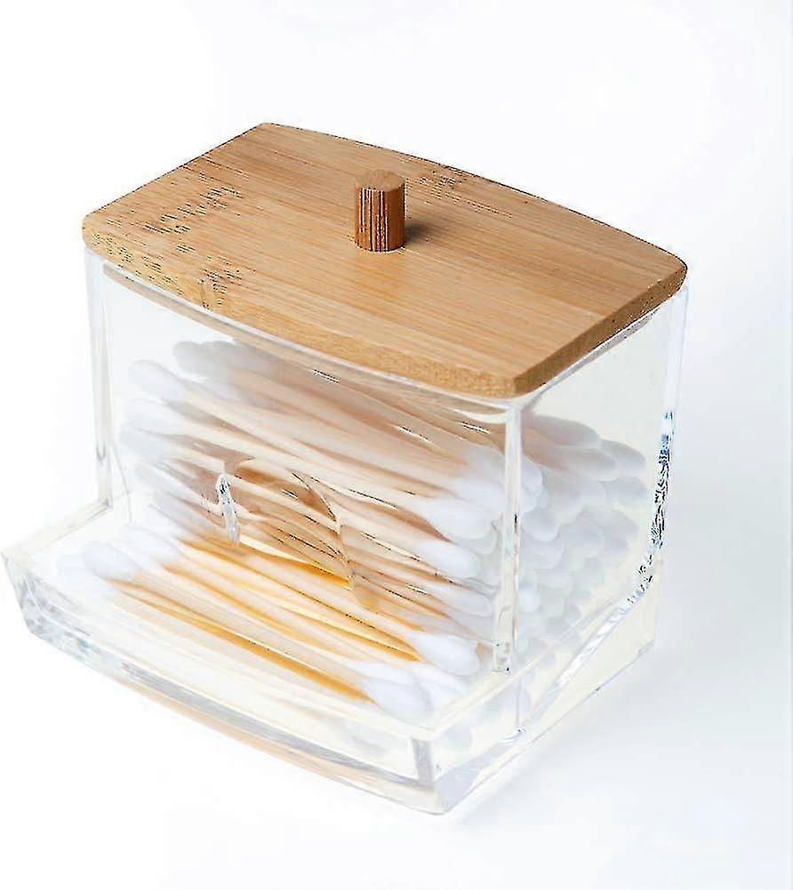 حامل أكريليك مع غطاء من الخيزران، موزع مسحة قطن صغير شفاف، بلاستيك