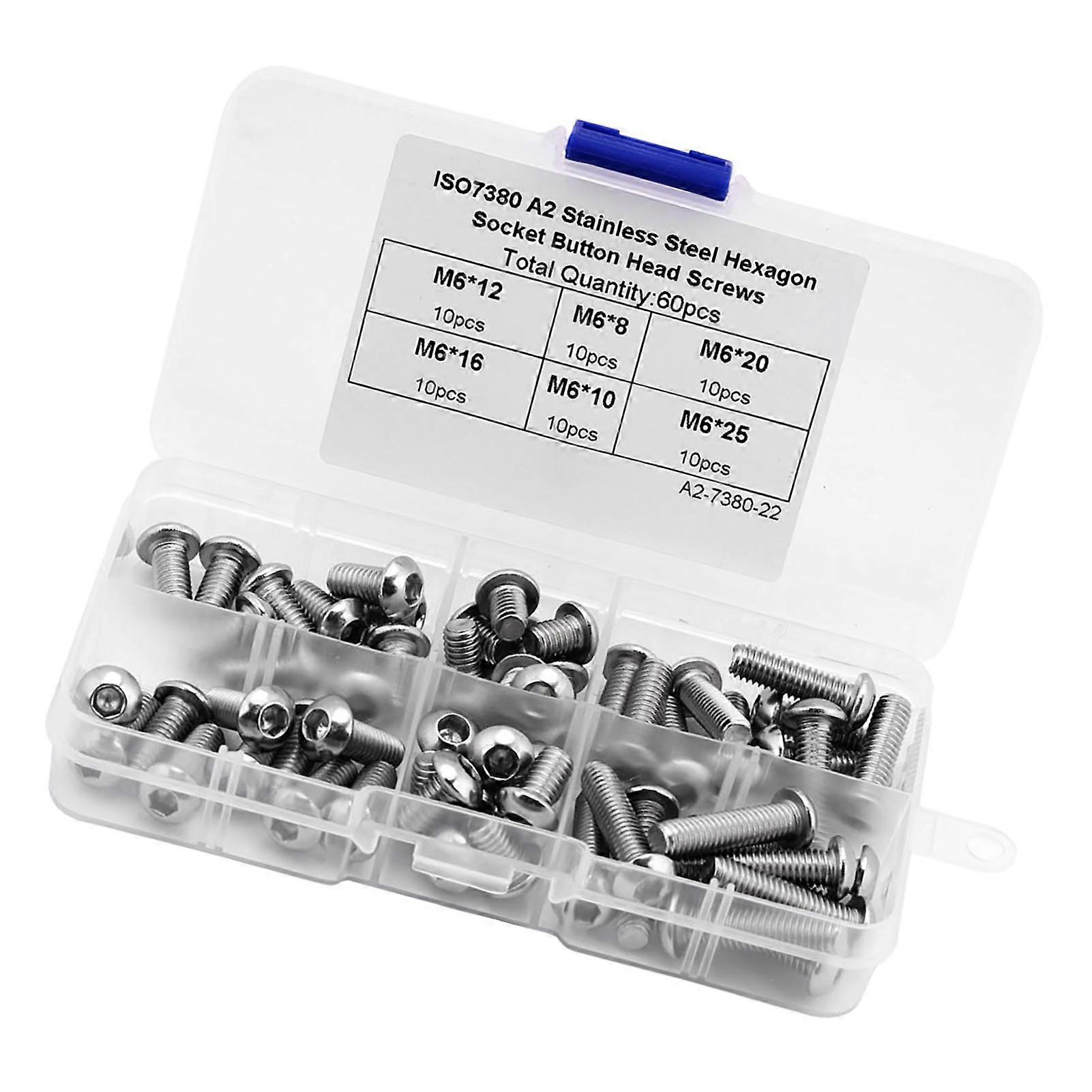 Stainless Steel Hex Socket Button Head Screws Fasteners Accessories, M6, 60PCS