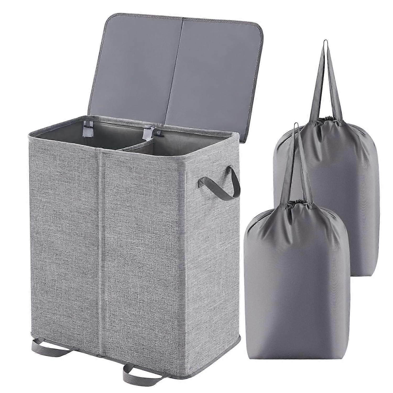 Double Laundry Hamper with Lid and Removable Laundry Bags, Large Collapsible 2 Dividers Dirty Clothes Basket with Handles -GSL