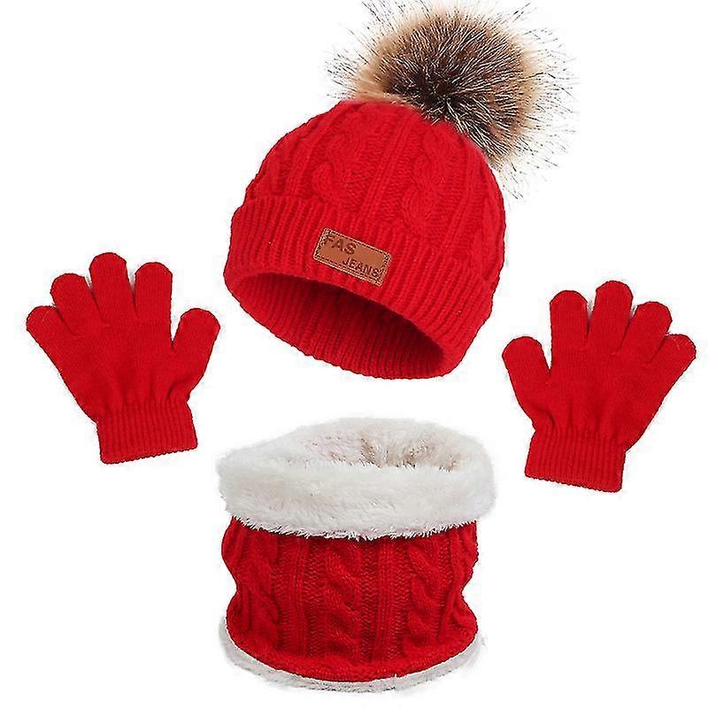 Höst/vinter Varm Barn Stickning Hatt Halsduk Vantar Tredelat Set