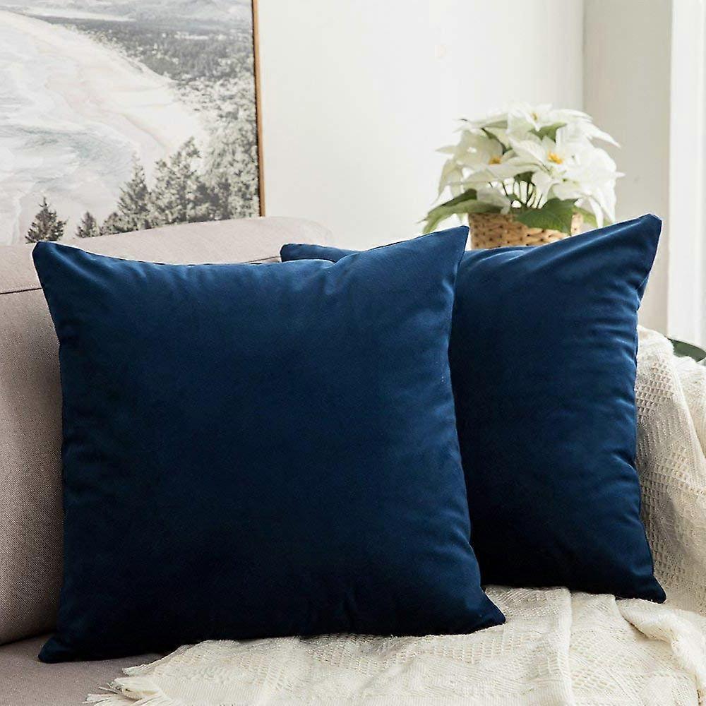 Pack of 2 Velvet Soft Soild Decorative Square Throw Pillow Covers Set Cushion Case for Sofa Bedroom Car 16 x 16 Inch 40 x 40 Cm Dark Blue