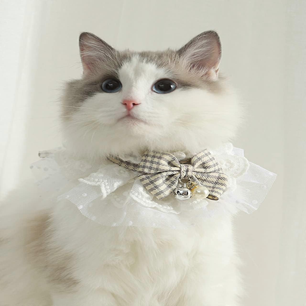 Cat Collar with Bells Bow,Adjustable Hand Knitted Pet Collars (Grey)