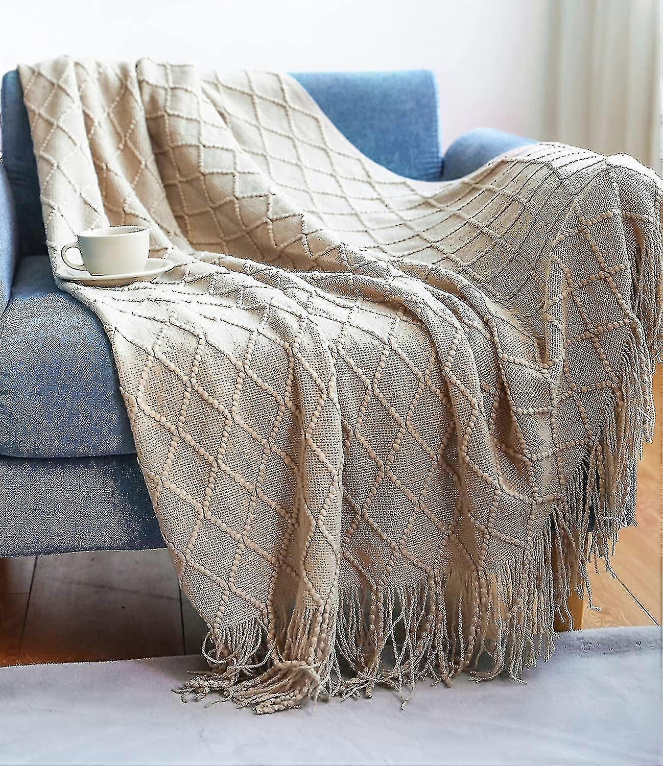 Weiche gestrickte Wolldecke, Quastendecke, Sofadecke, Schlafdecke, beige