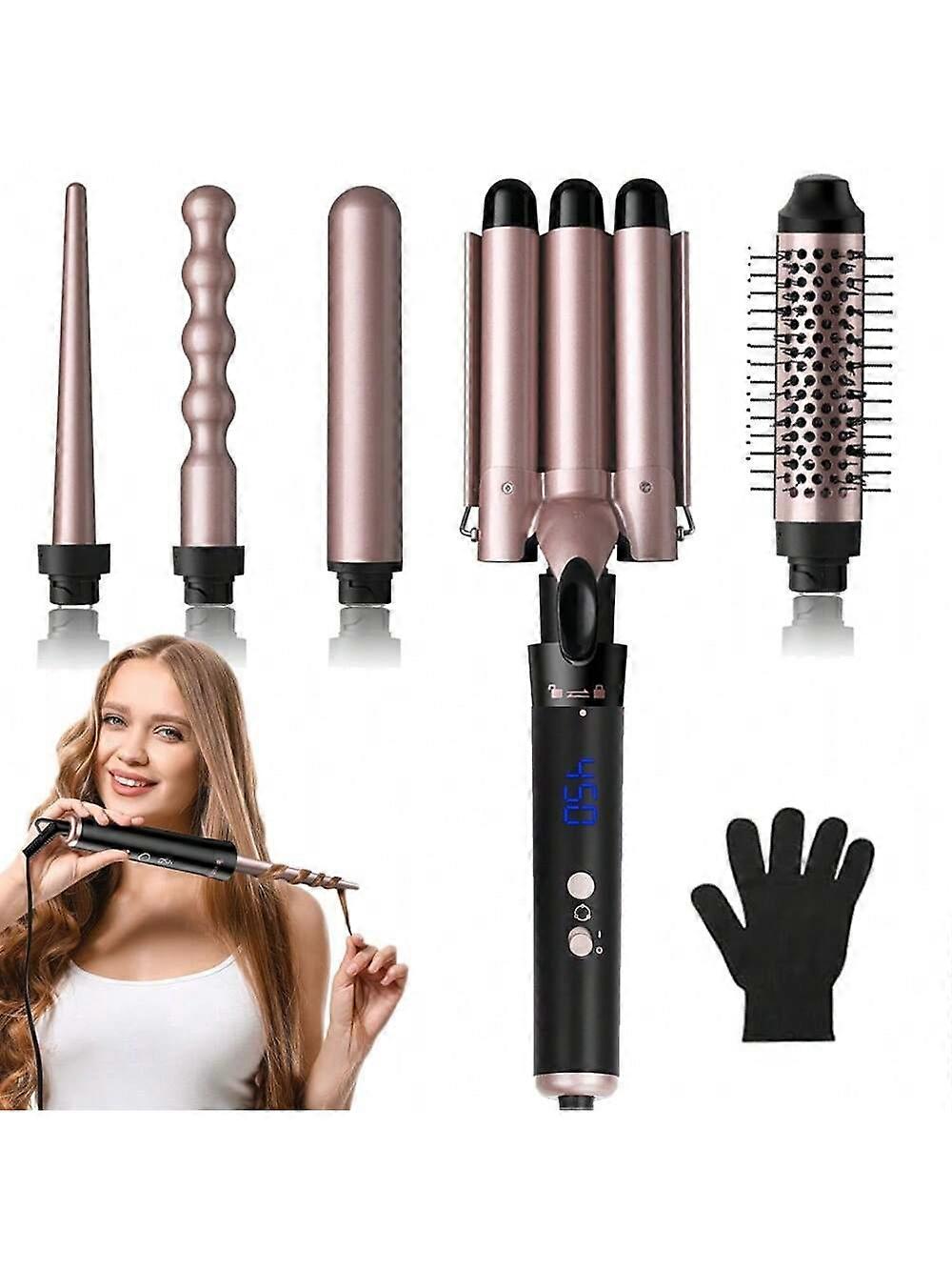 5 in 1 Curling Iron with Hot Brush, 3 Barrel Curling Iron with Interchangeable Ceramic Curling Irons, Instant Heating Curling Iron for All Hair Types