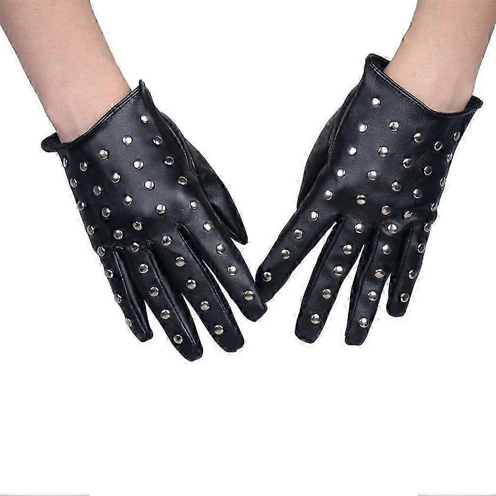 Women's Short Gloves Evening Party PU Leather Rivet Gloves Black