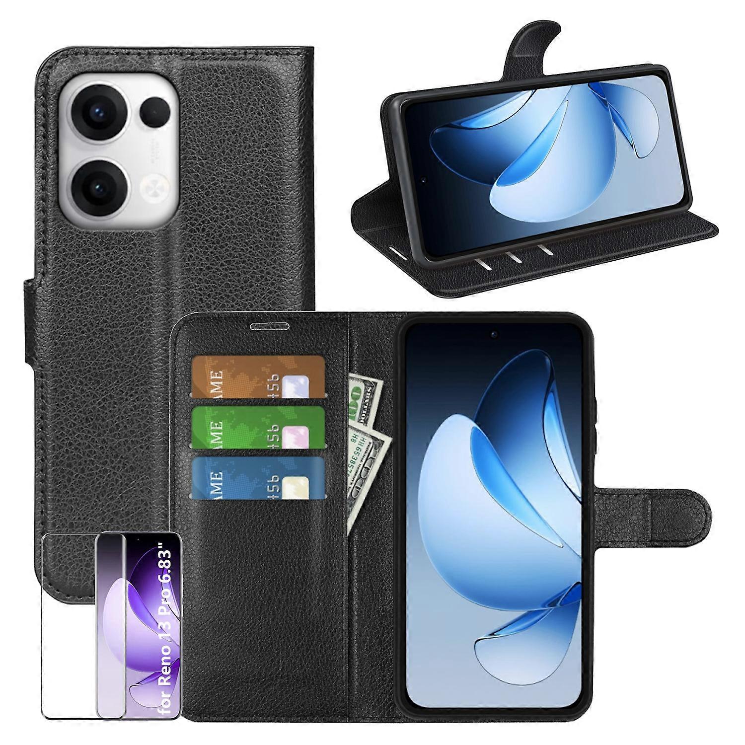 For Oppo Reno 13 Pro 5G Faux Leather Book Wallet Case + 4D Curved Glass