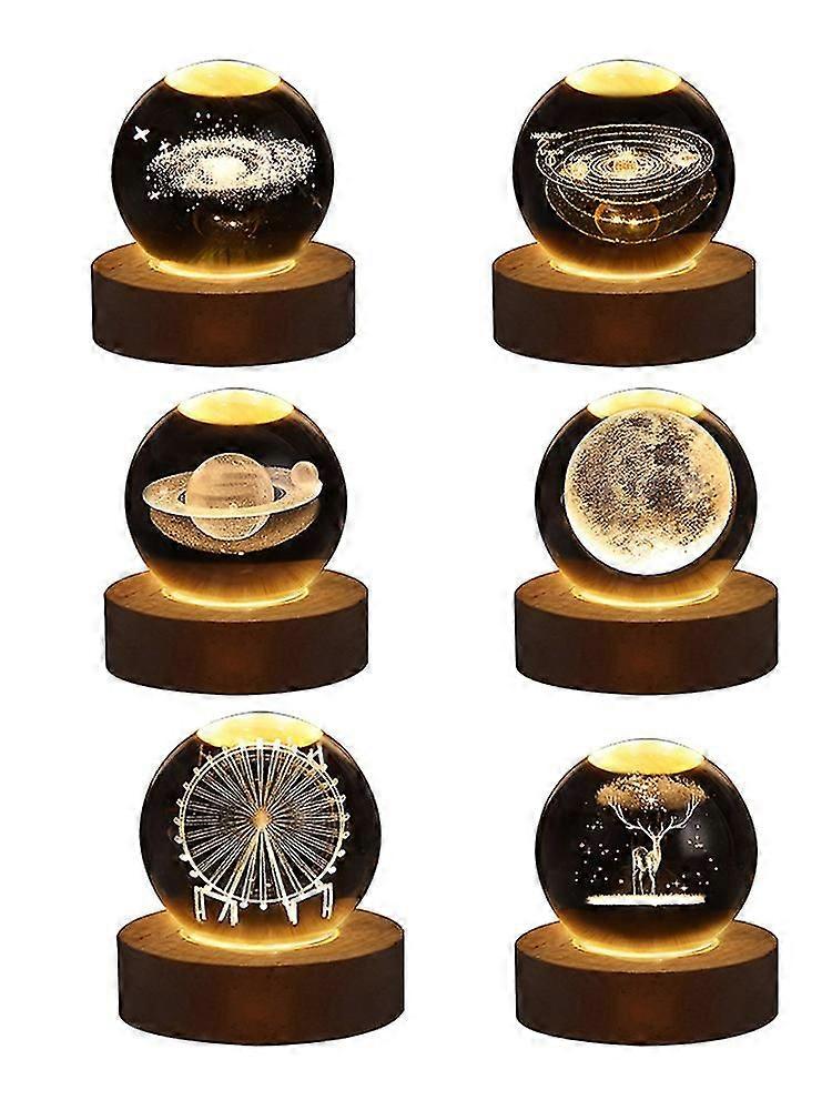 Glødende planetarisk krystalkugle natlys Usb Power Varm sengelampe Julekugle bordlampe med træbase