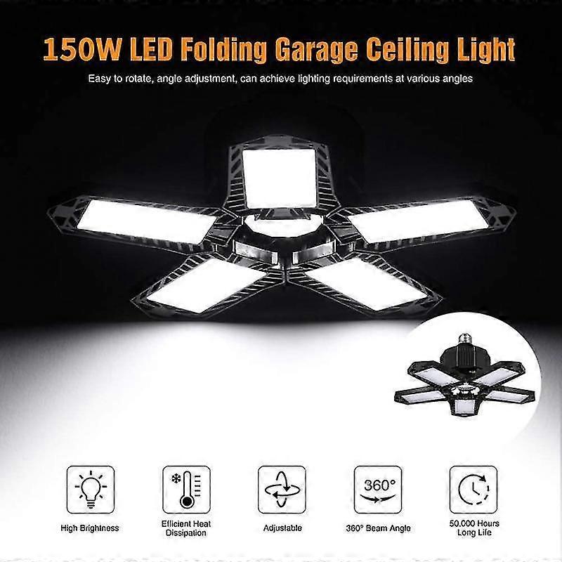 150W Adjustable LED Garage Light, E27/E26 8000LM Deformable Ceiling Lamp for Workshop, Shop & Warehouse