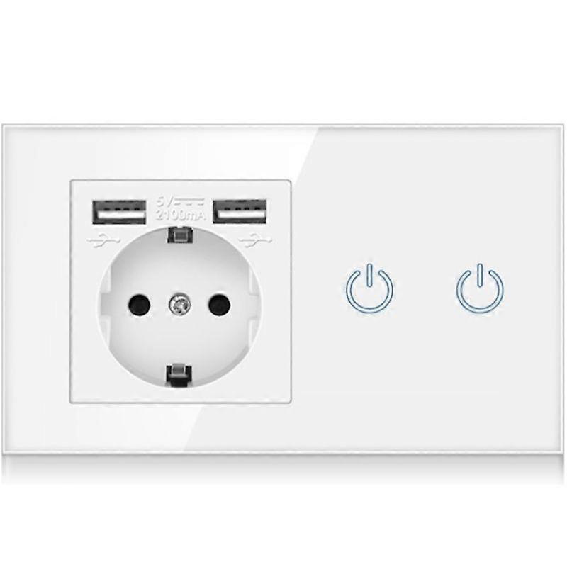 Wall Power Outlet Socket, Touch Double Light Switch, 2 USB Charger, EU German Electrical Socket White Glass Panel