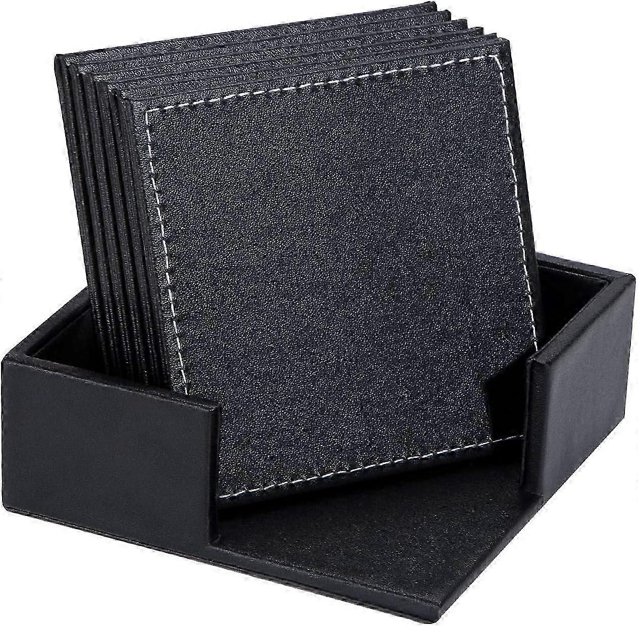 Coaster Square Coaster PU Leather Coaster Black Table Mat with Holder for Coffee Tea Beer Drinks