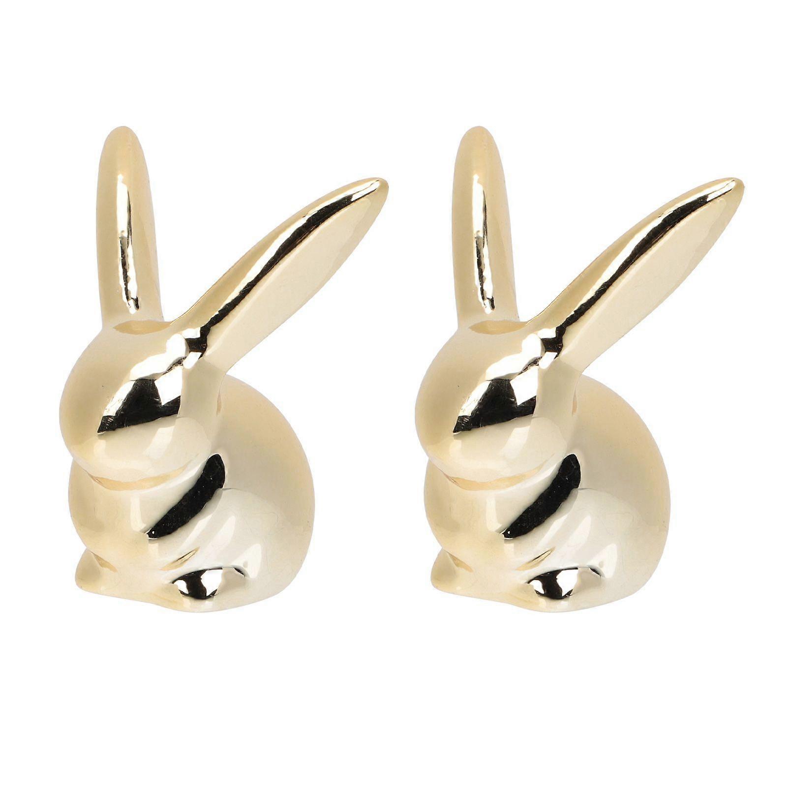 2Pcs Golden Ceramic Bunny Easter Ornament Table Ornament for Easter Desktop Decor