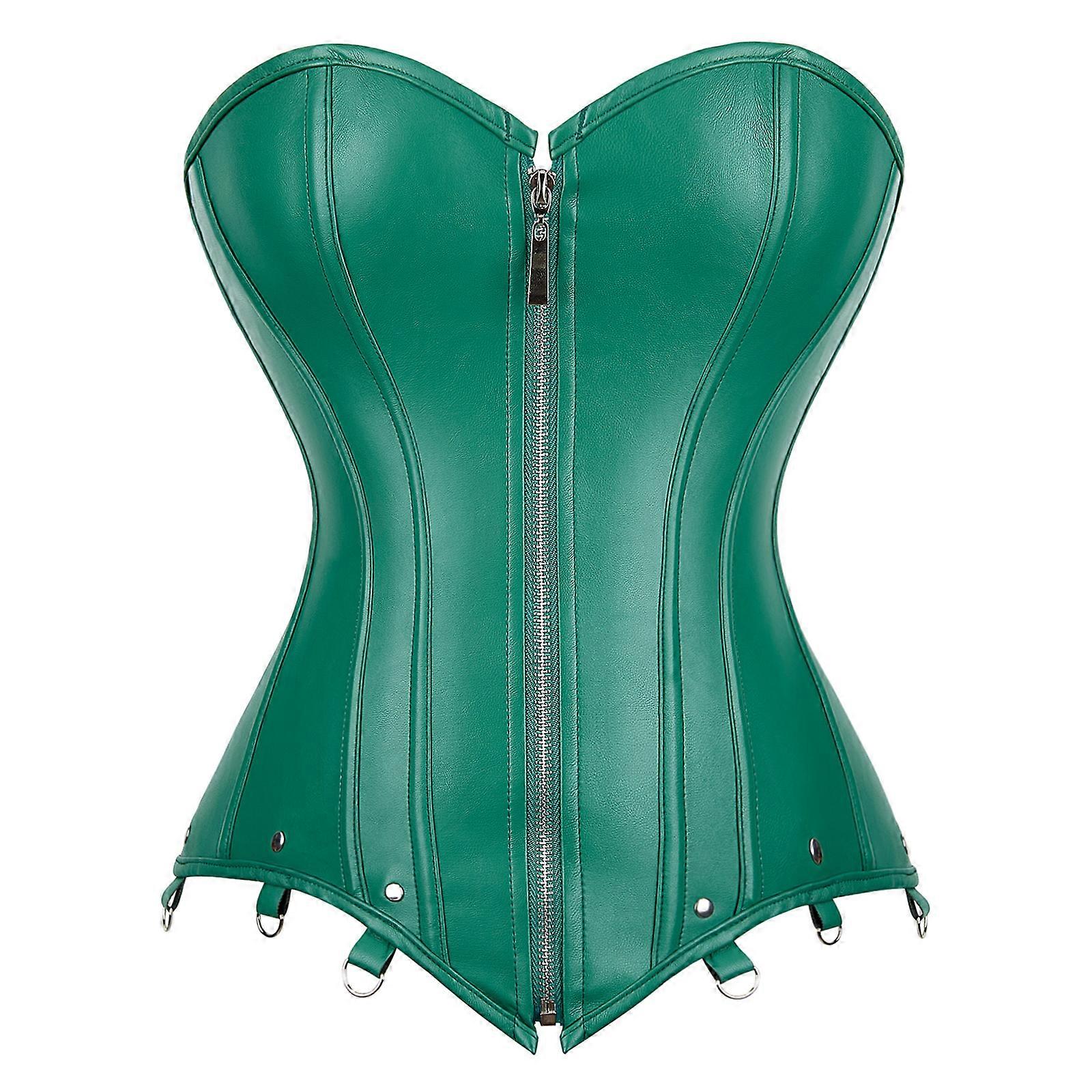 Vintage Punk Waist Cincher Corset Victorian Bustier Courtly Waist Shaper PU Leather Waist Trainer Stage Props Bodysuit L Green