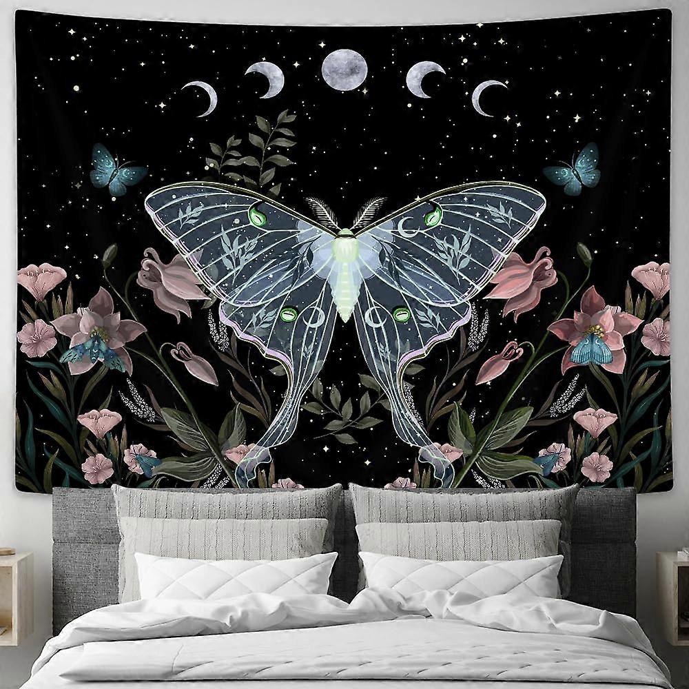 Blue Moth Boho Wall Tapestry with Moon Phase and Botanical Design for Bedroom or Living Room 60x40