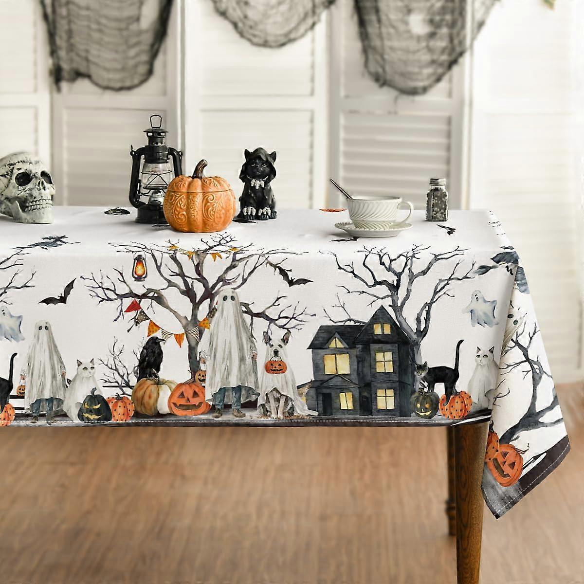 Halloween Tablecloth 60x120 Inch Rectangular, Waterproof Jack-O-Lantern Pumpkin Spider Web Ghost Design for Party Dining Decor