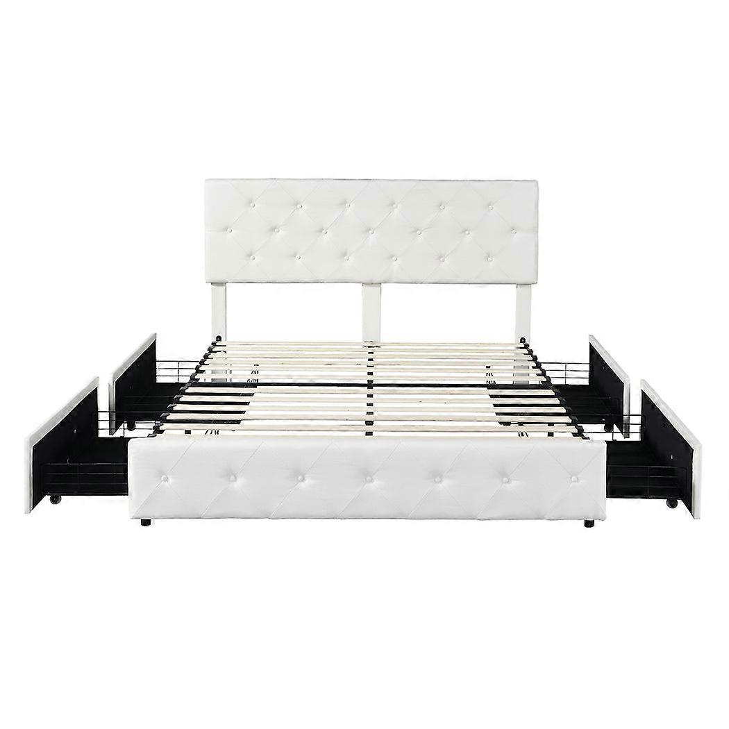 Levede Queen Bed Frame Tufted With 4 Storage Drawers Cream Queen Bed Frames