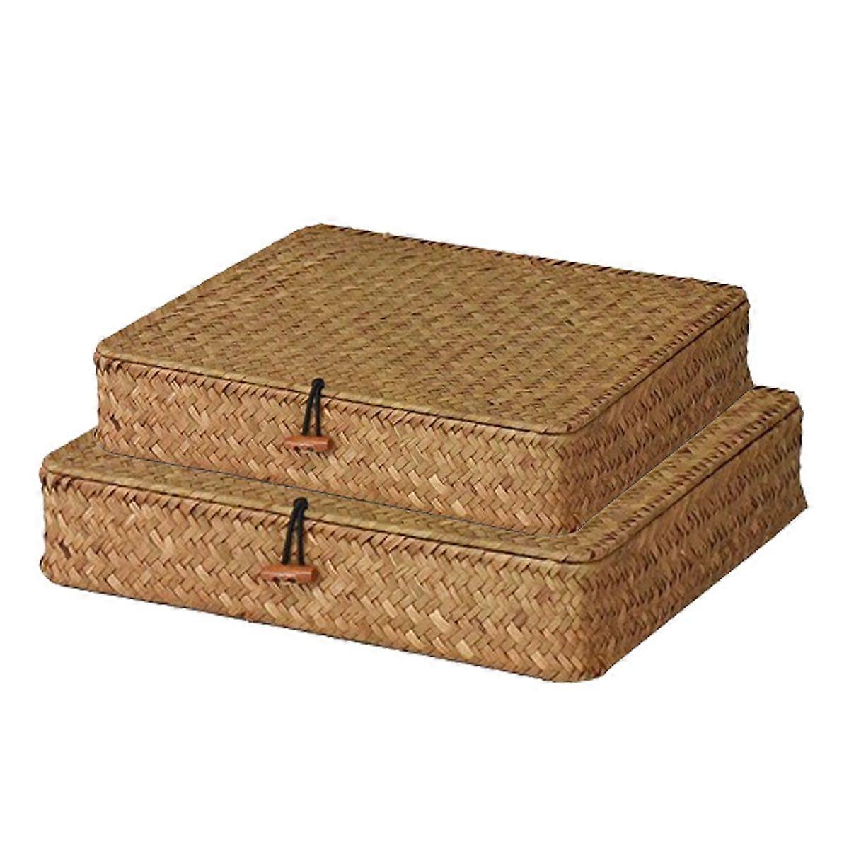 Pack Of 2 Rectangular Rattan Storage Baskets,Shelf Baskets With Lids
