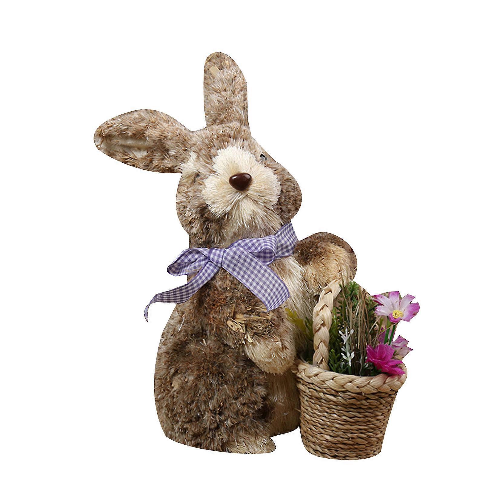 Artificial Straw Cute Bunny with Flower Bouquet Basket Ornament Easter Lifelike Handmade Rabbit Standing for Doll Decora