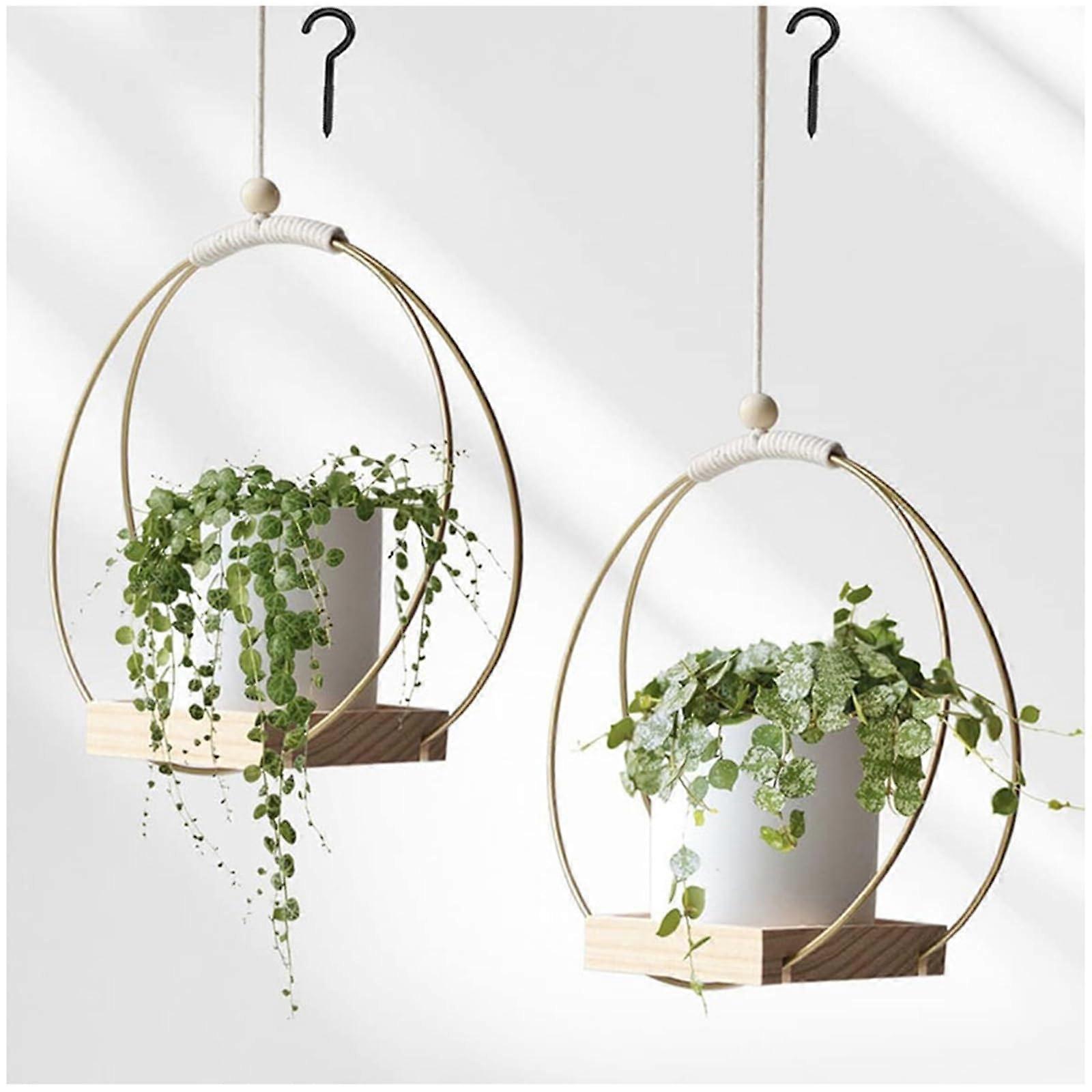 Pack of 2 Hanging Baskets with Wooden Base, Hanging Hook Included (Gold)