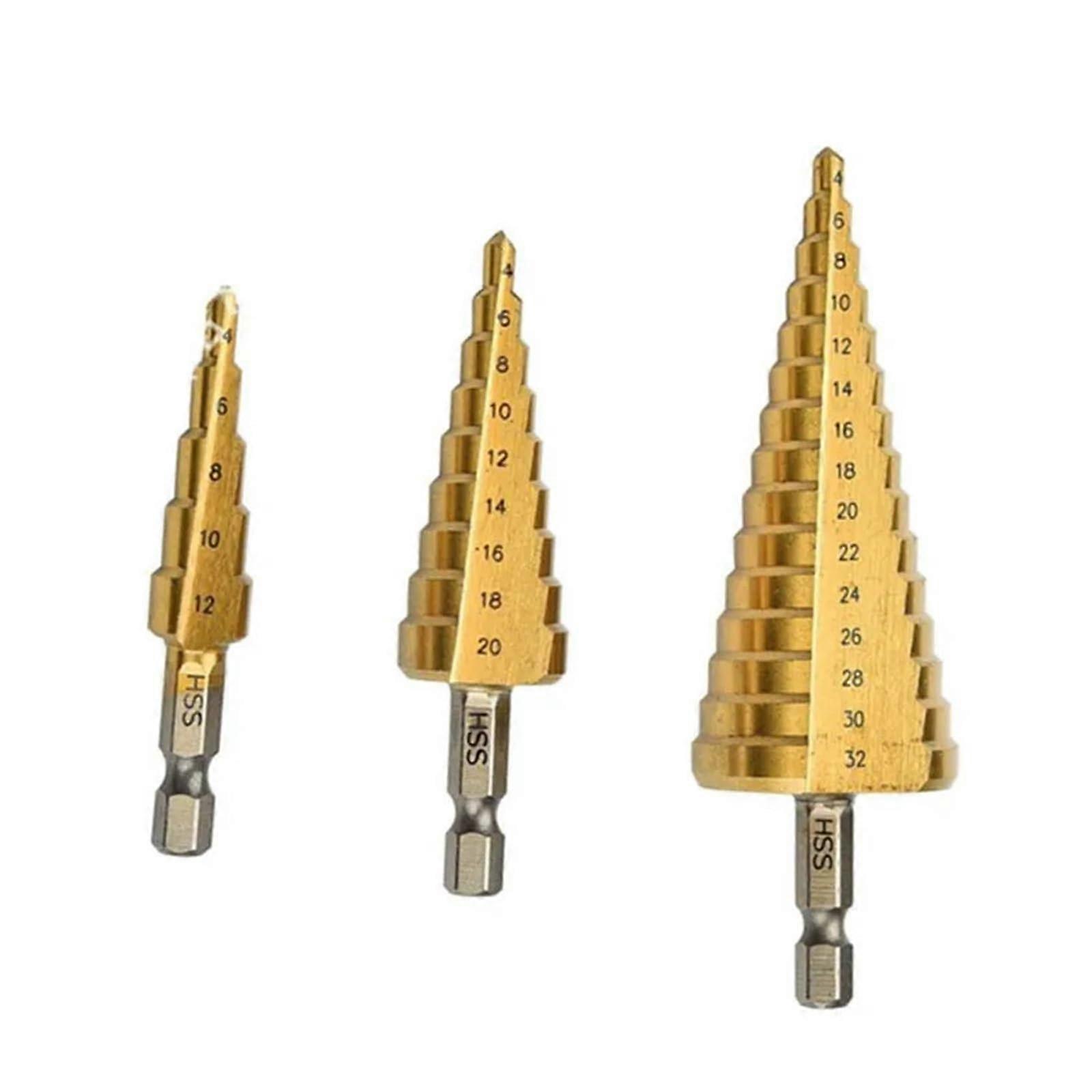 Spiral Fluted Step Drill Bit Set 3 Piece Step Drill Bit Set 3 12mm 4 12mm 4 20mm 4 32mm HSS