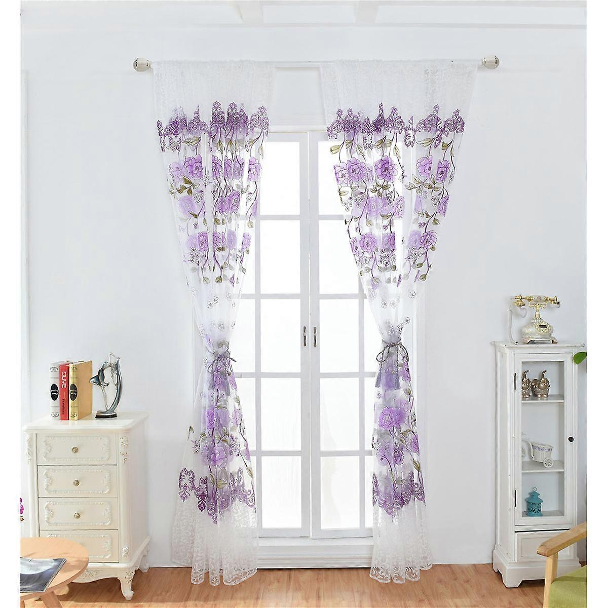 200x100cm Peony Sheer Curtain Tulle Window Treatment Voile Drape Valance (Purple)