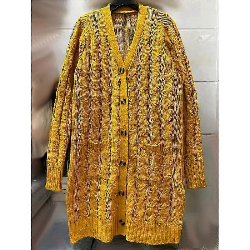 Autumn and Winter Women's Single-breasted Twist Pockets Solid Colour Knitted Long Sweater Cardigan Jacket