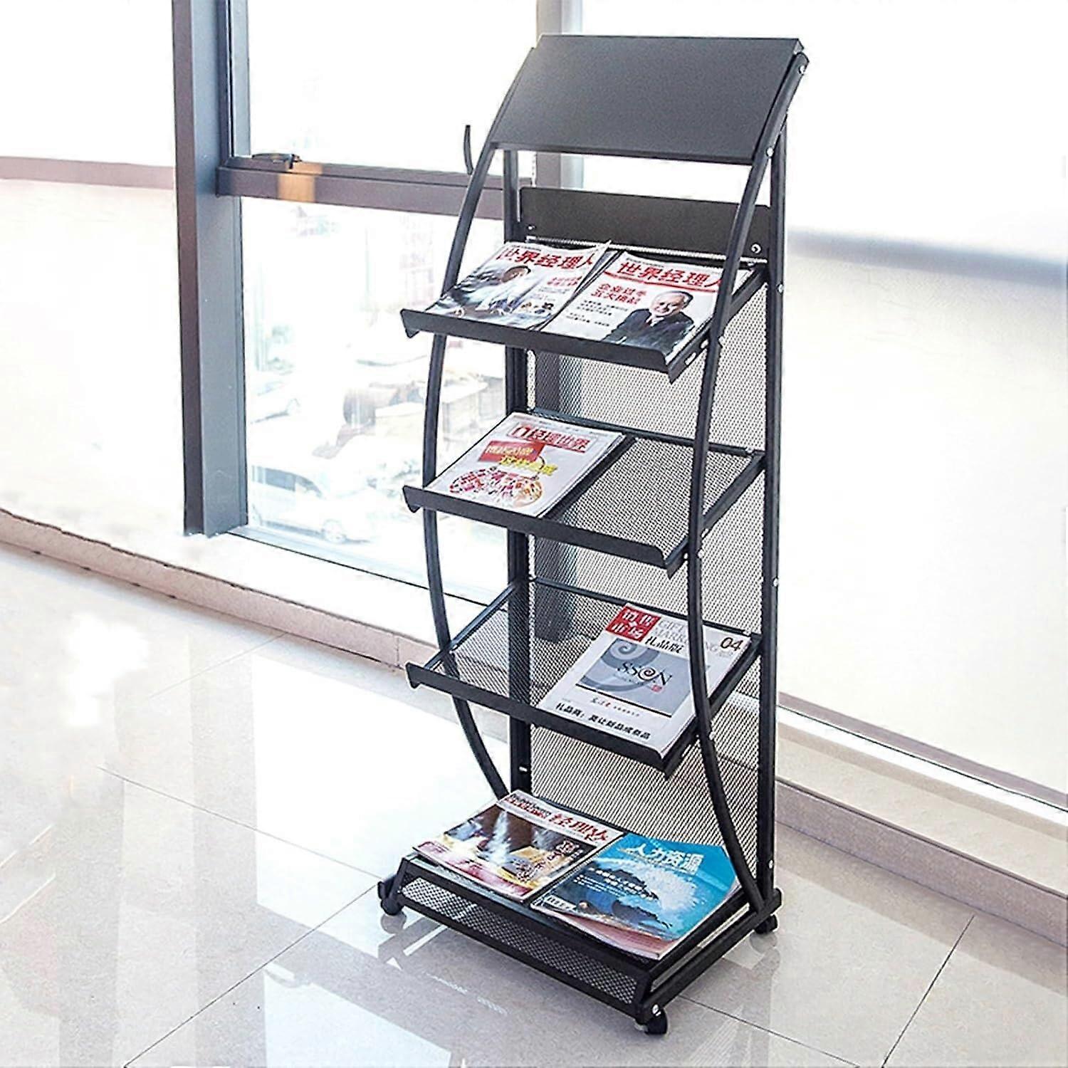 Floor Stand Magazine Rack with Pulleys and Iron Storage, Black