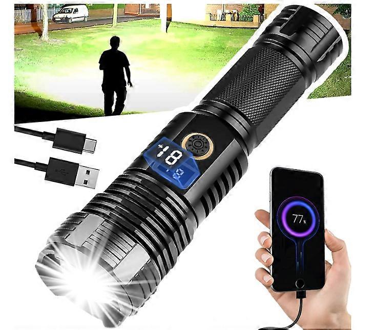 LED Rechargeable Torch Super Bright Flashlights High Lumens, 90000 Lumens Tactical Flashlights, Zoomable Waterproof Flashlight 5 Modes(Black)