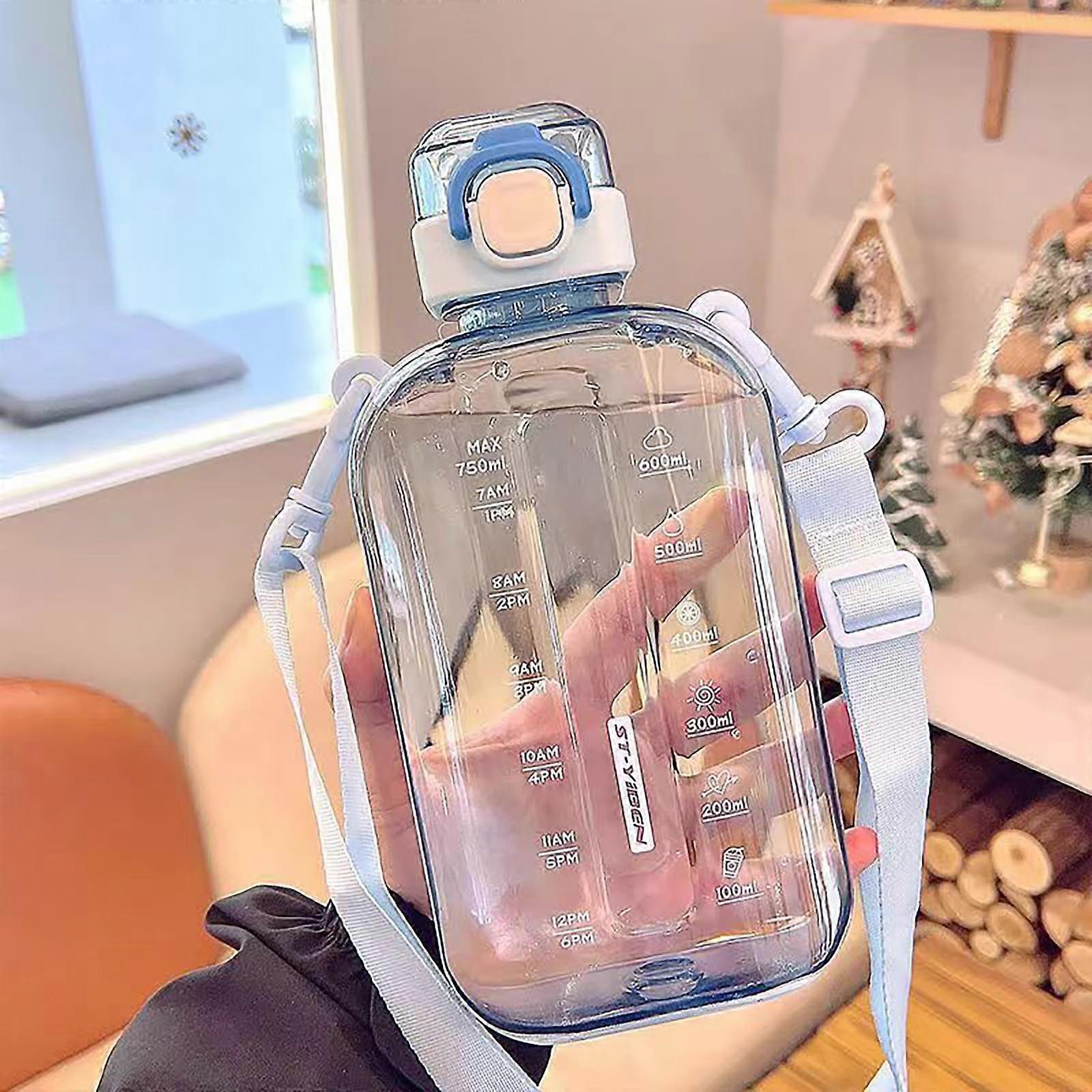 Transparent Flat Square Water Bottle, Portable Travel Flask with Adjustable Strap, Slim Sports Bottle for Camping, Blue