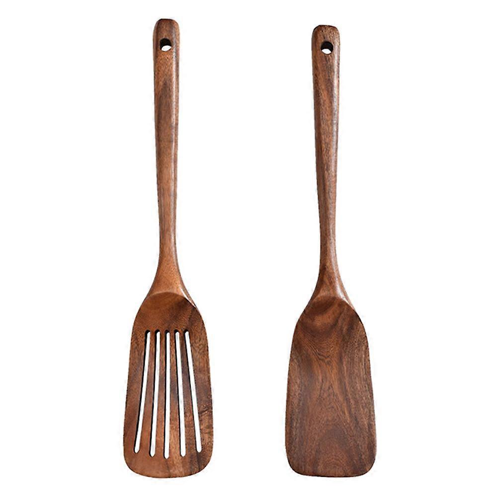 Wooden Spatula Set of 2 Non-stick Kitchen Utensils with Long Handle for Convenient Storage Light