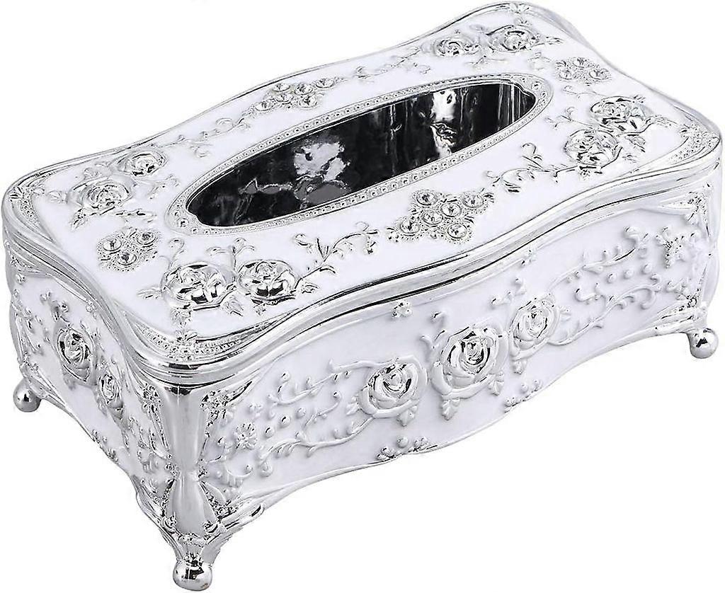 Tissue Box Square Plastic Lace Edge Flower Pattern Cosmetic Tissue Box Tissue Holder (Silver)