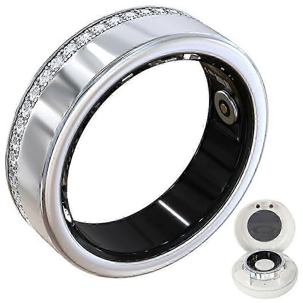 V8 Rhinestone Decor Sleep Heart Rate Health Monitoring Smart Ring with Charging Case - Silver Size 9