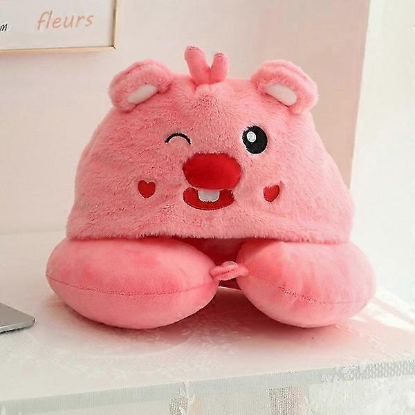 Capybara U-shaped travel pillow with hood, plush neck support pillow