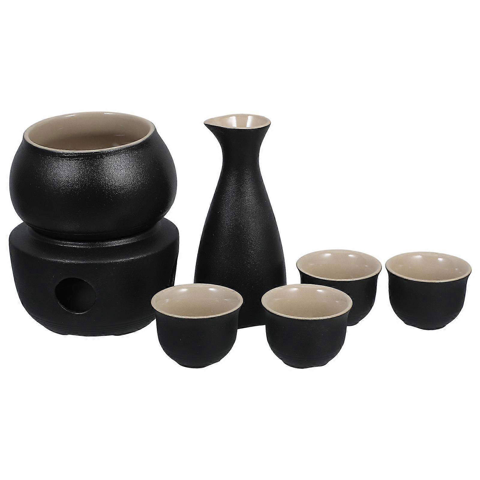 Ceramic Sake Set with Heating Base – Vintage Rice Wine Pot and Cups for Warm Sake, Tea, or Liquor – Multi Use Warmer for Home and Restaurant