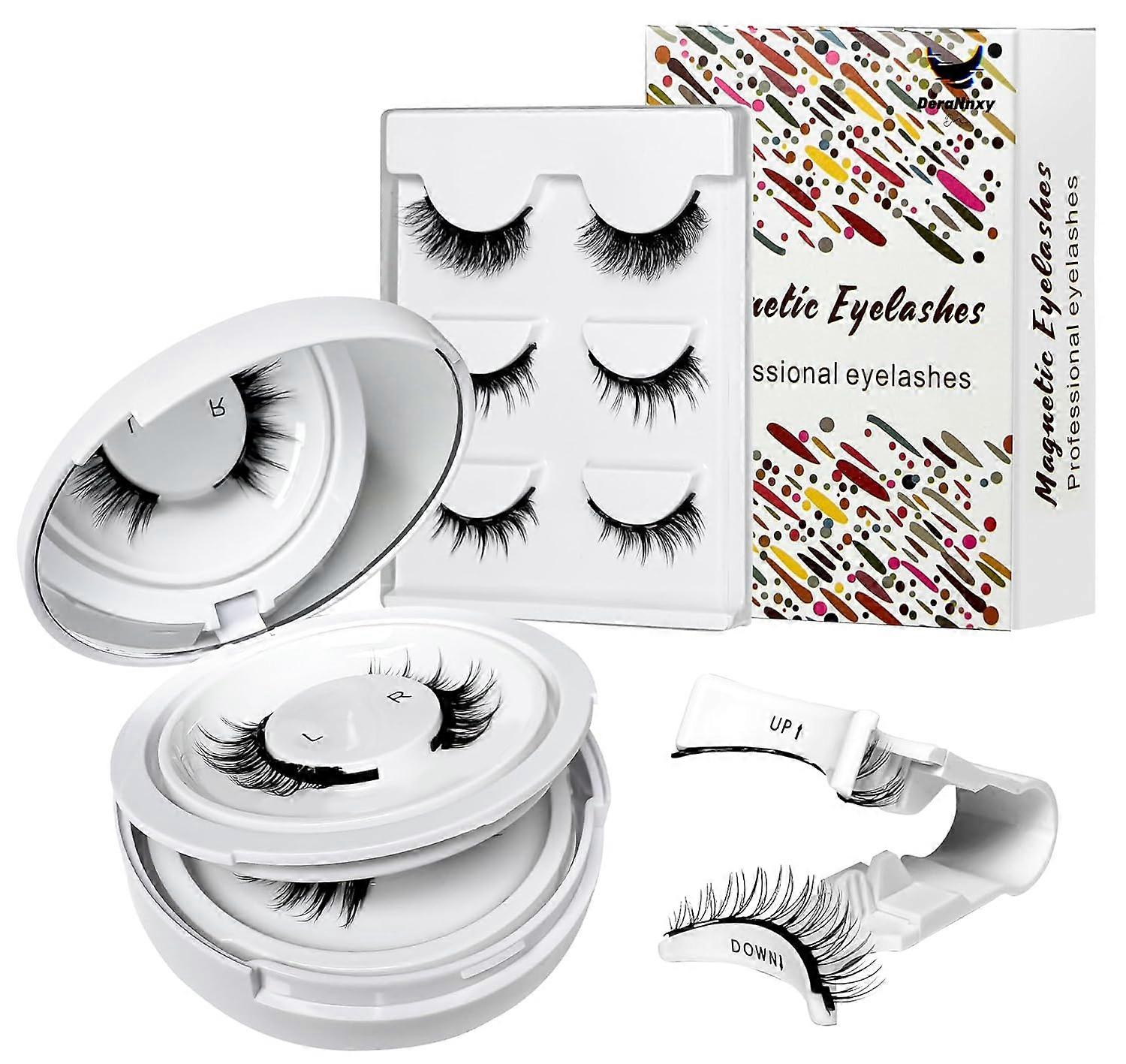 Magnetic eyelashes come with an applicator, reusable, natural look, no glue required, strong and lightweight, easy to wear and use (three pairs