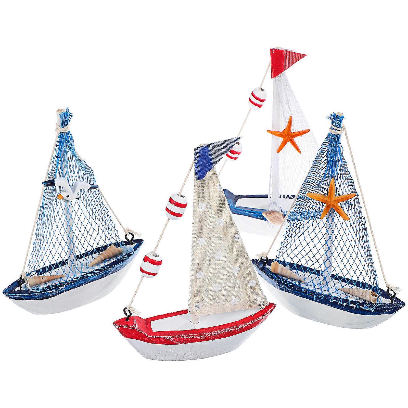 4PCS Nautical Sailboat Ornament, Wooden Ocean Decor for Bathroom, Tabletop, Shelf, Handmade Craft, Sturdy Multi Functional Seaside Accessory
